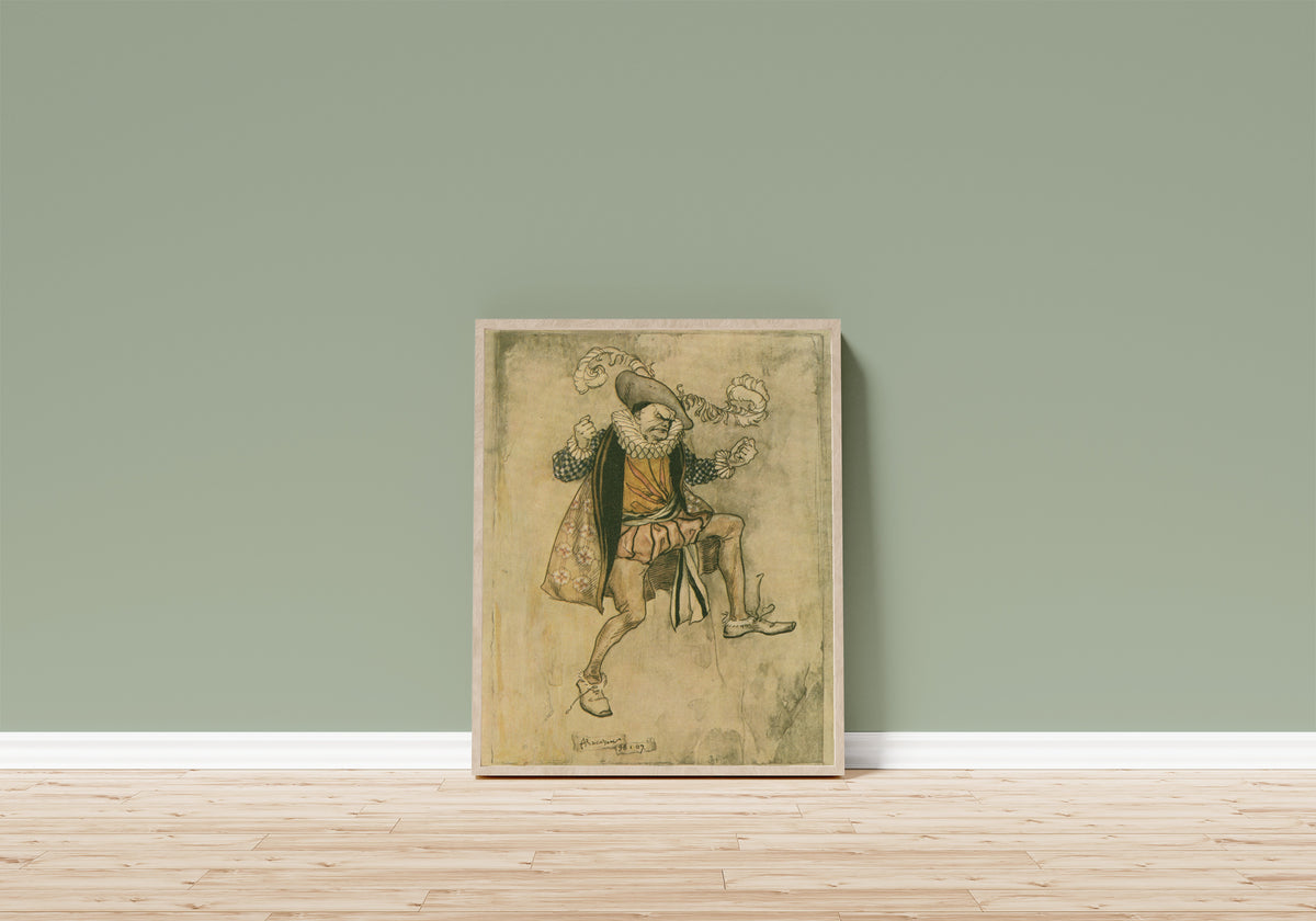 Framed art print of He Bounced Up and Down by Arthur Rackham, in a light wood frame leaning on a sage green wall above a wooden floor