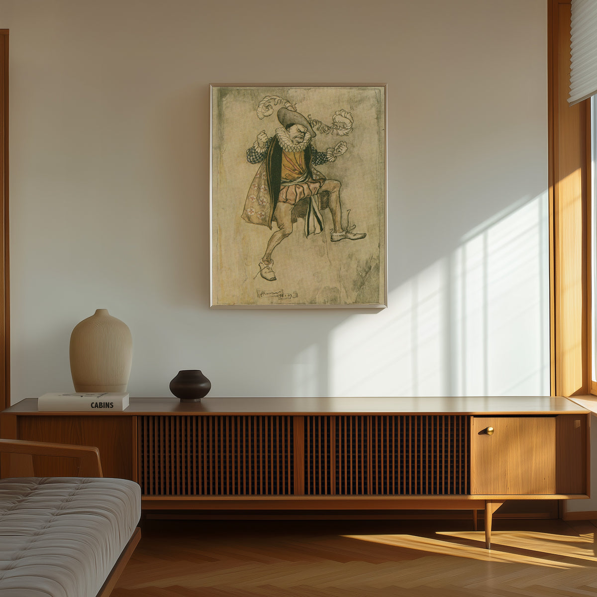 Framed art print of He Bounced Up and Down by Arthur Rackham, in a thin light frame on a sunlit wall above a wooden sideboard
