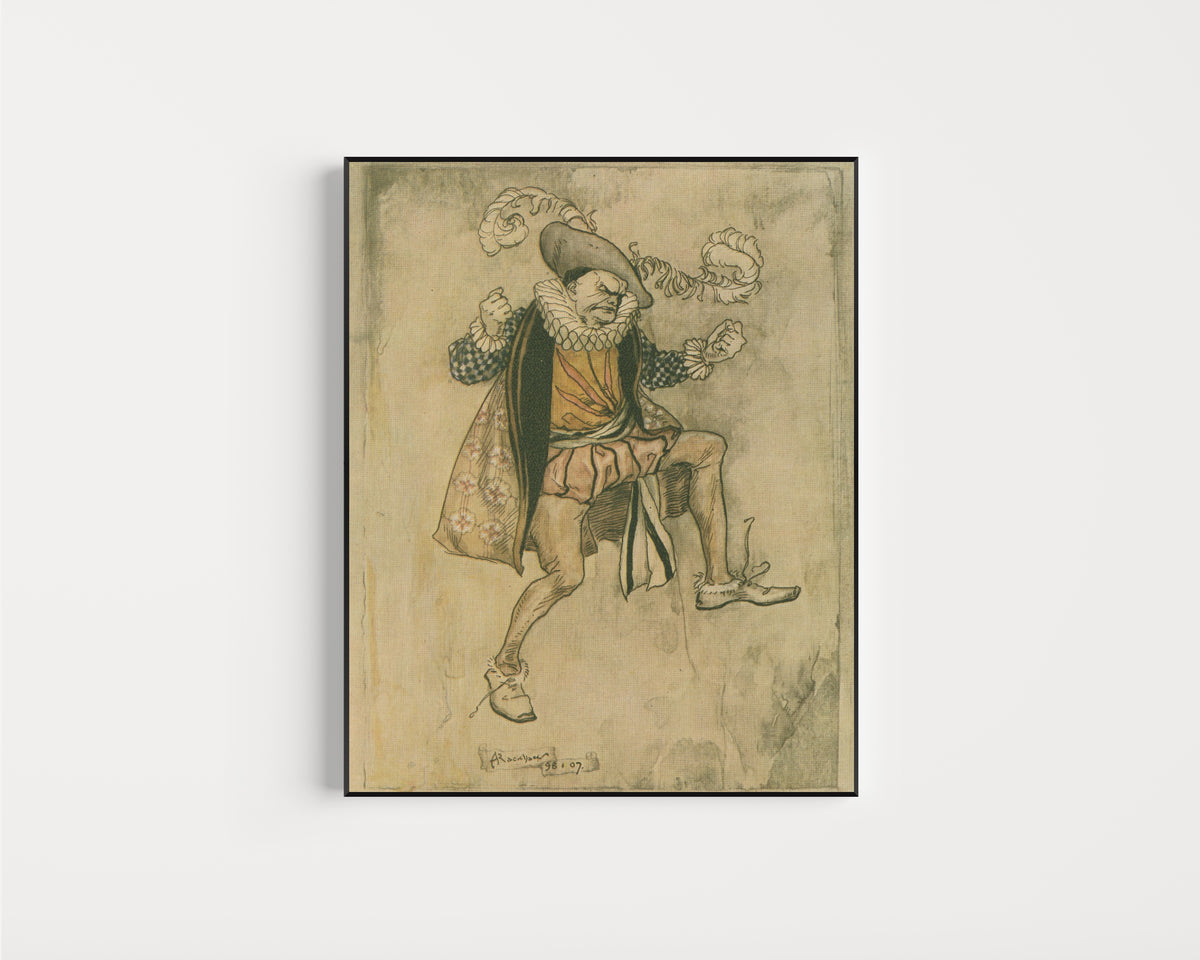 Framed art print of He Bounced Up and Down by Arthur Rackham, in a slim black frame on a plain white wall