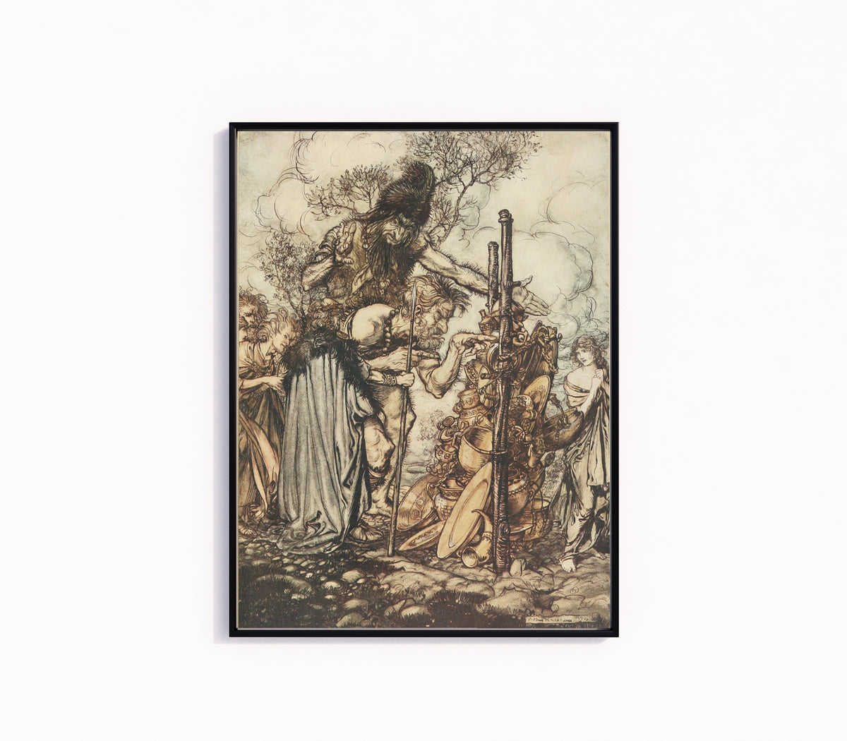 Framed art print of Hey! Come Hither, and Stop Me This Cranny! by Arthur Rackham, in a slim black frame on a plain white wall