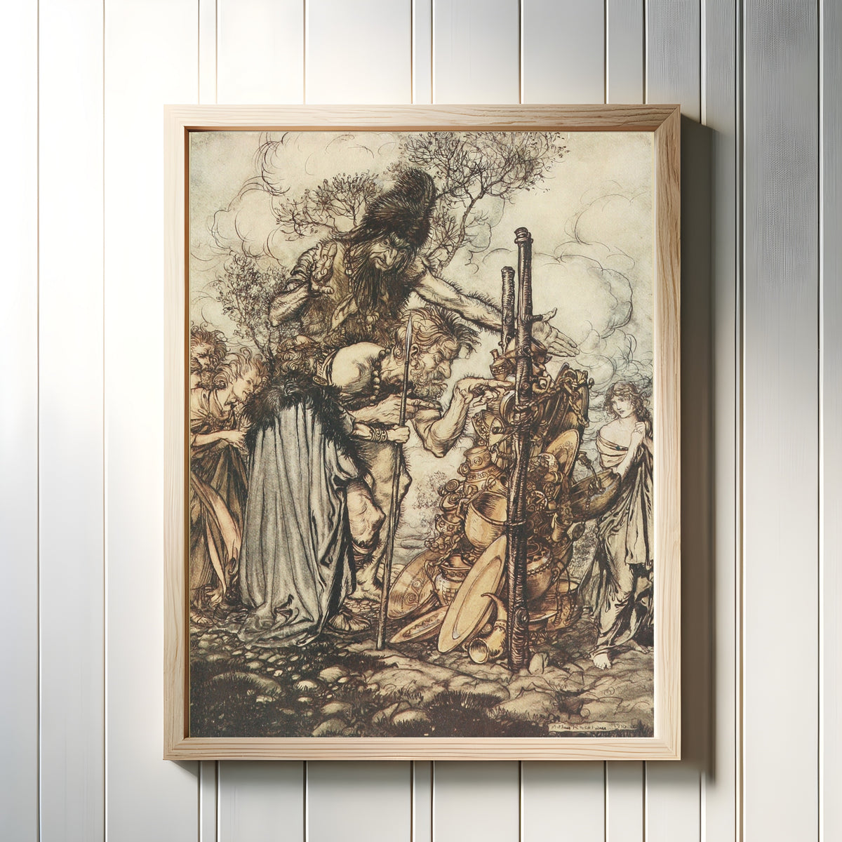 Framed art print of Hey! Come Hither, and Stop Me This Cranny! by Arthur Rackham, in a light wood frame on a white panelled wall