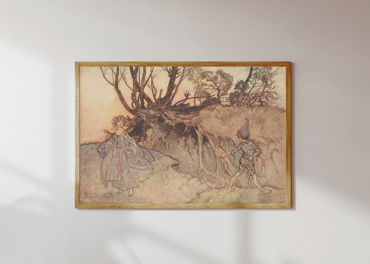 Framed art print of How Now, Spirit! Whither Wander You? by Arthur Rackham, in a light wood frame on a sunlit white wall