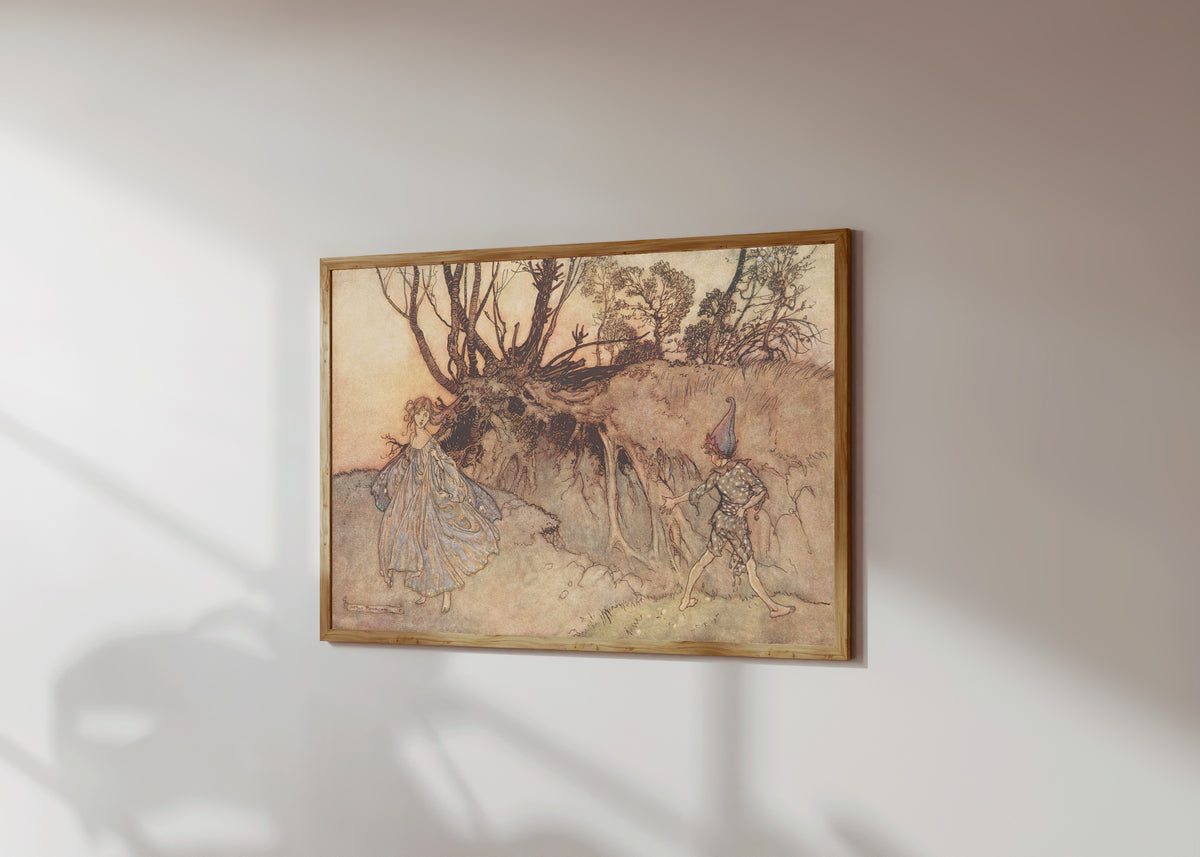 Framed art print of How Now, Spirit! Whither Wander You? by Arthur Rackham, in a light wood frame on a sunlit white wall, seen at a slight angle
