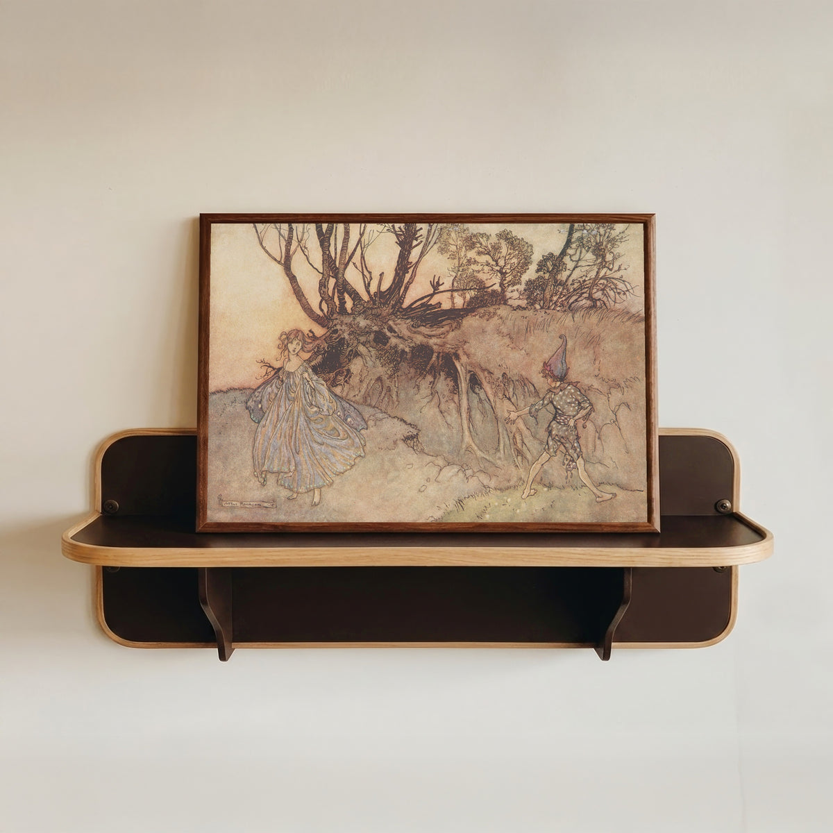 Framed art print of How Now, Spirit! Whither Wander You? by Arthur Rackham, in a dark wood frame resting on a wall shelf