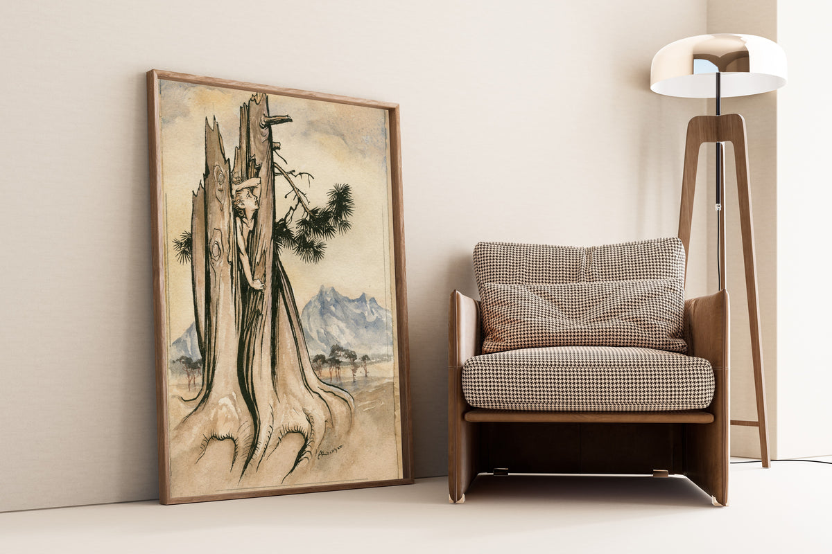 Framed art print of Imprisoned Ariel by Arthur Rackham, leaning against a wall beside an armchair and a floor lamp
