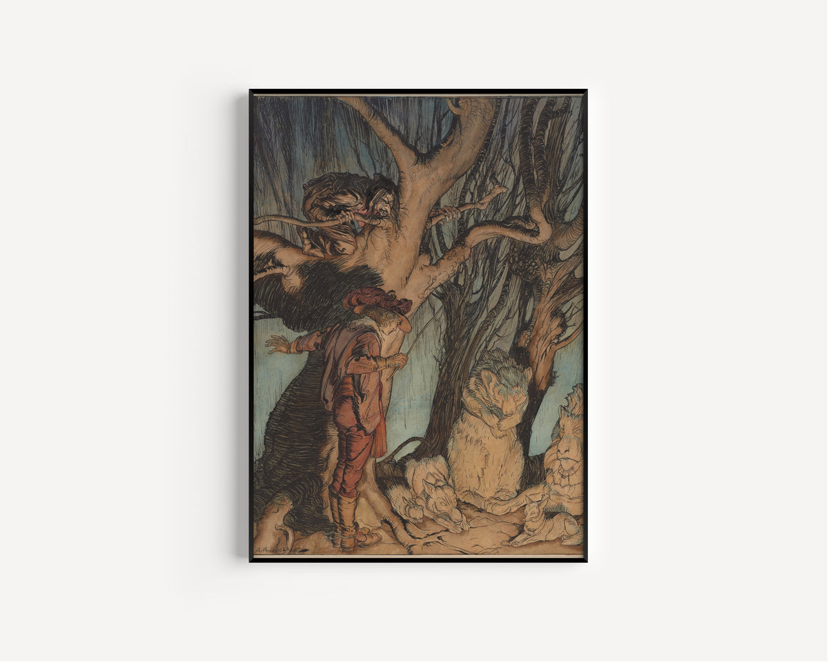 Framed art print of Instantly They Lay Still, All Turned into Stone by Arthur Rackham, in a slim black frame on a plain white wall
