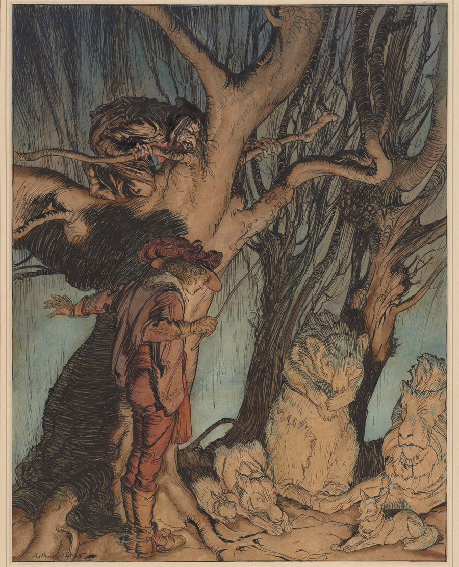 Arthur Rackham — Instantly They Lay Still, All Turned into Stone | Fairy Tale Illustration Print shown to scale on a wall above a sofa