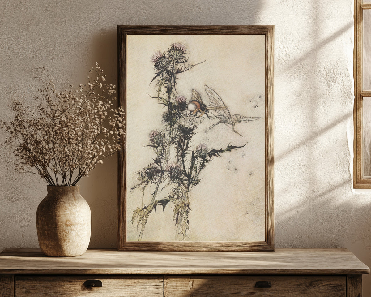 Framed art print of Kill Me a Red-Hipped Humble-Bee on the Top of a… by Arthur Rackham, in a dark wood frame leaning on a rustic console beside dried flowers