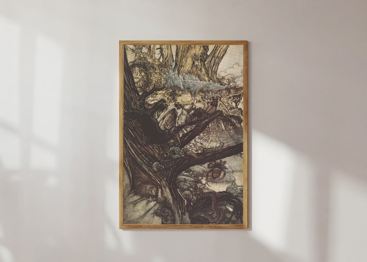 Framed art print of Never Harm, nor Spell, nor Charm by Arthur Rackham, in a light wood frame on a sunlit white wall