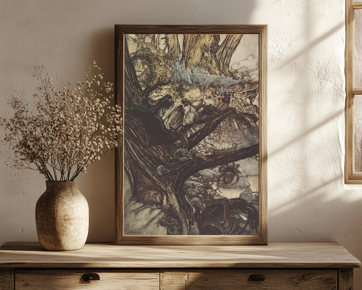 Framed art print of Never Harm, nor Spell, nor Charm by Arthur Rackham, in a dark wood frame leaning on a rustic console beside dried flowers