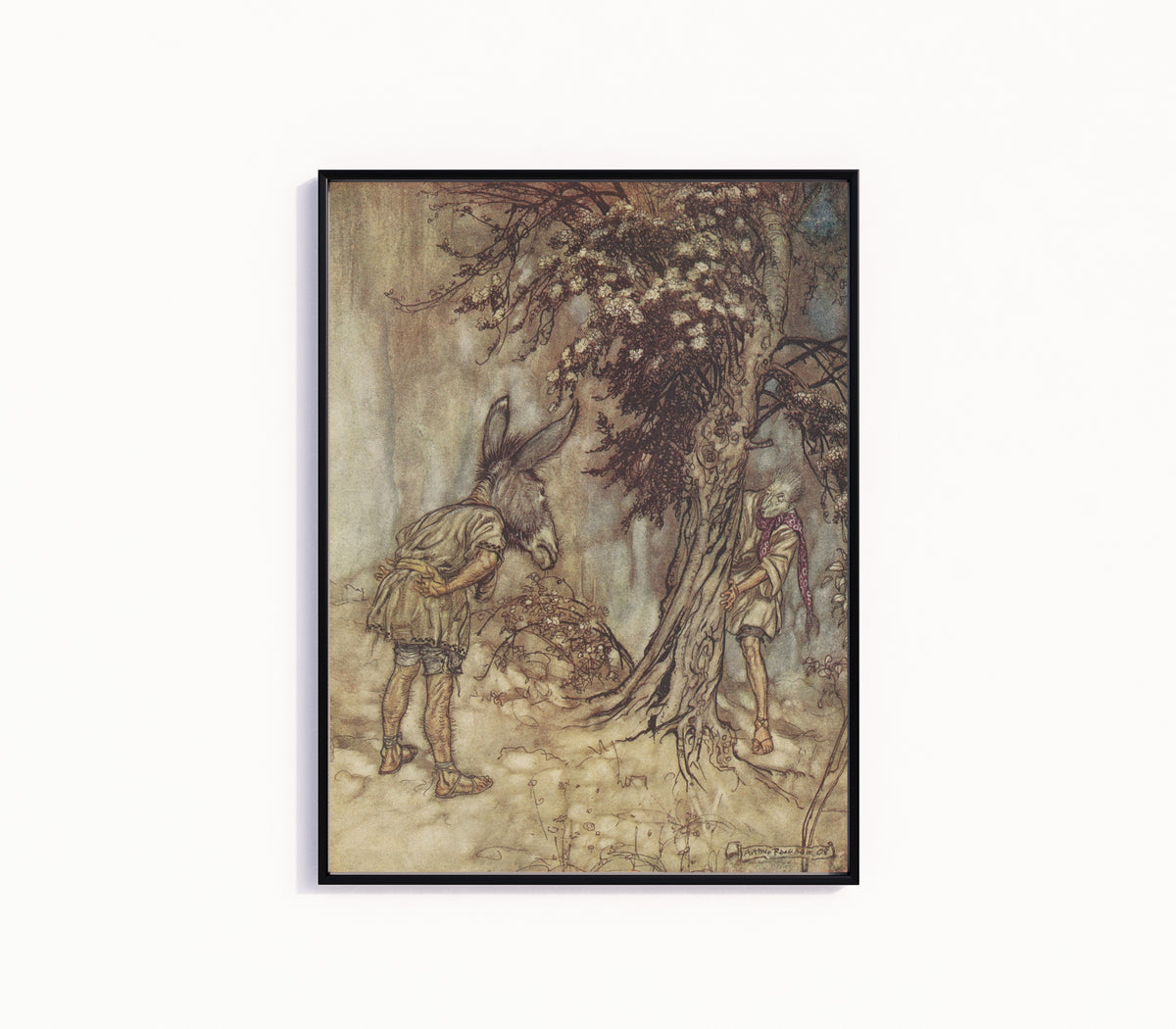 Framed art print of O Bottom, Thou Art Changed! by Arthur Rackham, in a slim black frame on a plain white wall