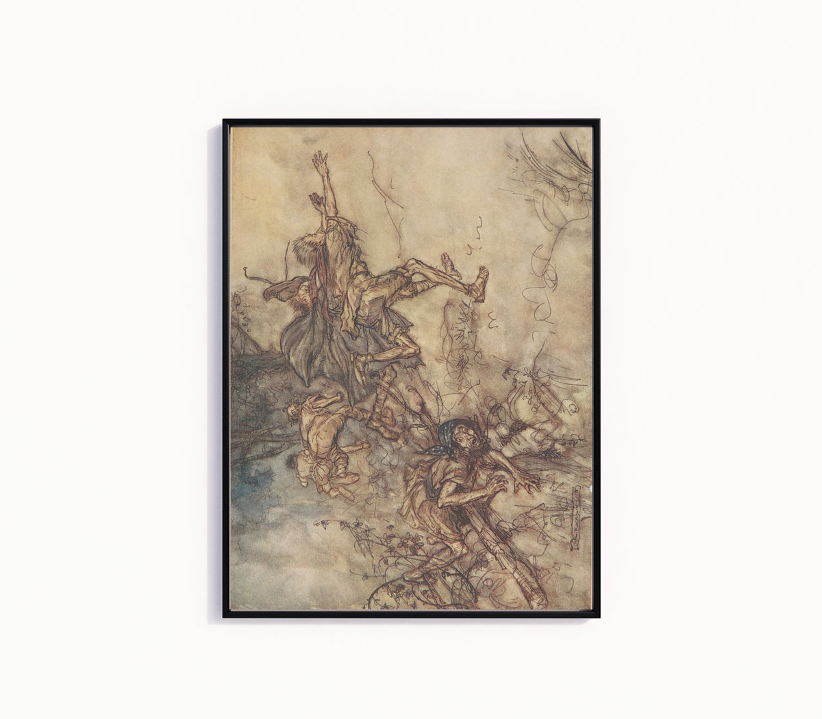 Framed art print of O Monstrous! O Strange! We Are Haunted by Arthur Rackham, in a slim black frame on a plain white wall