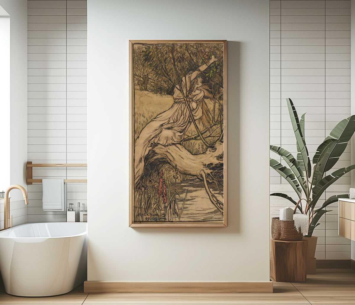 Framed art print of Ophelia by Arthur Rackham, in a bathroom beside a freestanding tub