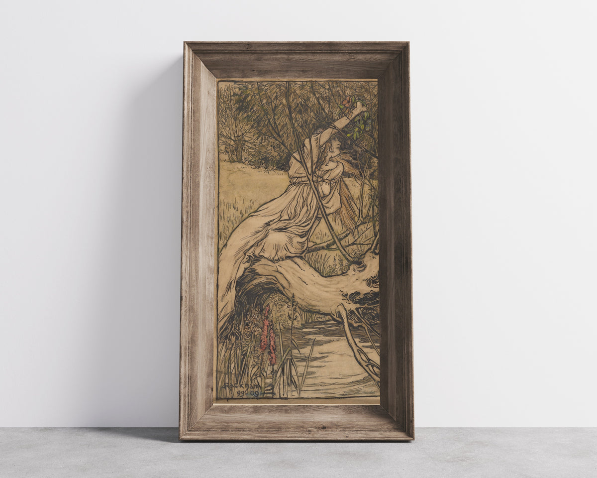 Framed art print of Ophelia by Arthur Rackham, in a wide wooden frame leaning against a concrete wall