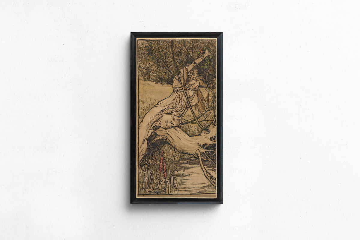 Framed art print of Ophelia by Arthur Rackham, in a slim black frame on a plain white wall