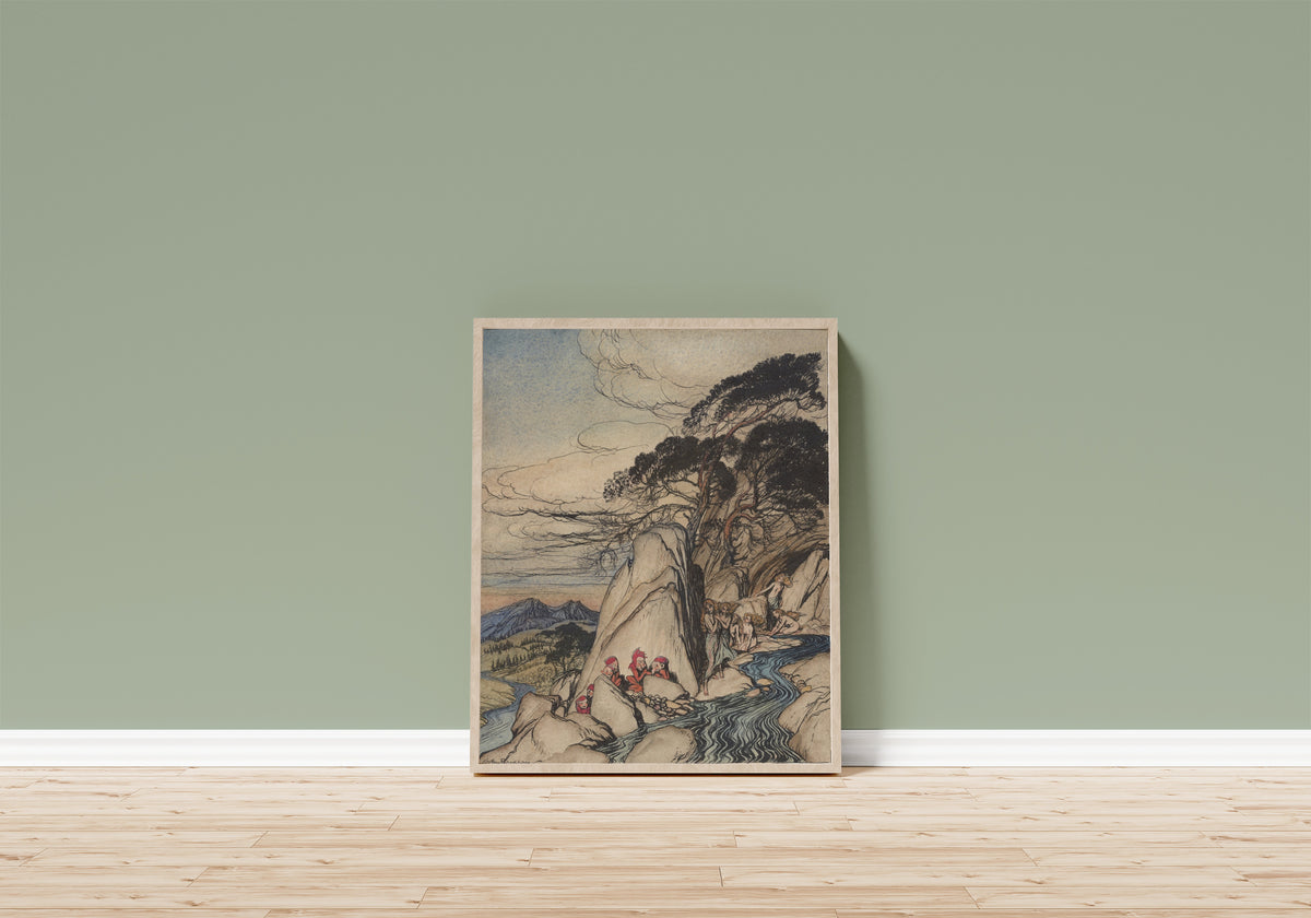 Framed art print of Rip Van Winkle: These Fairy Mountains by Arthur Rackham, in a light wood frame leaning on a sage green wall above a wooden floor