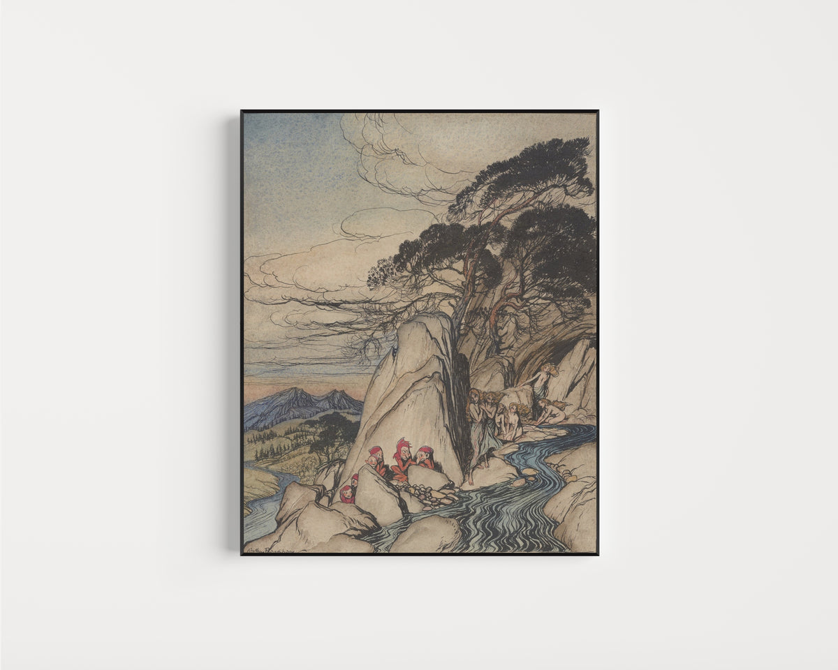 Framed art print of Rip Van Winkle: These Fairy Mountains by Arthur Rackham, in a slim black frame on a plain white wall