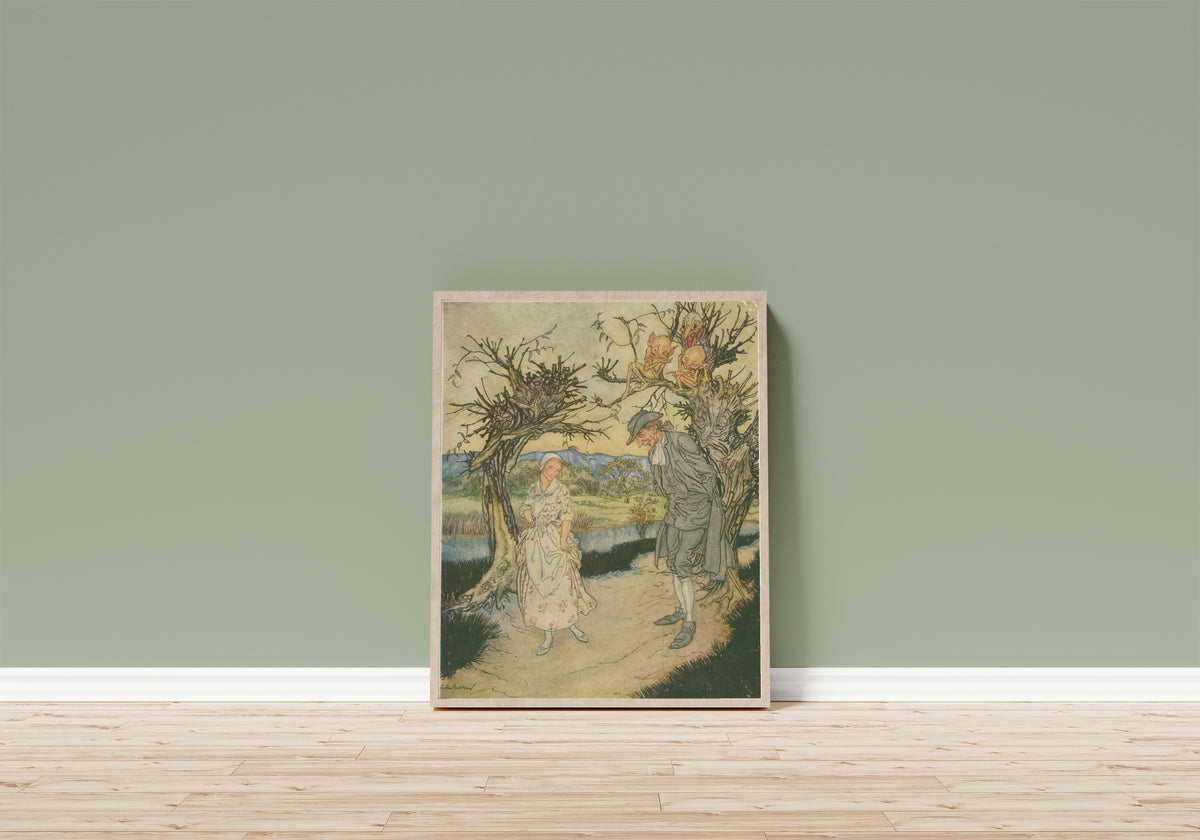 Framed art print of Sauntering Along in the Twilight by Arthur Rackham, in a light wood frame leaning on a sage green wall above a wooden floor