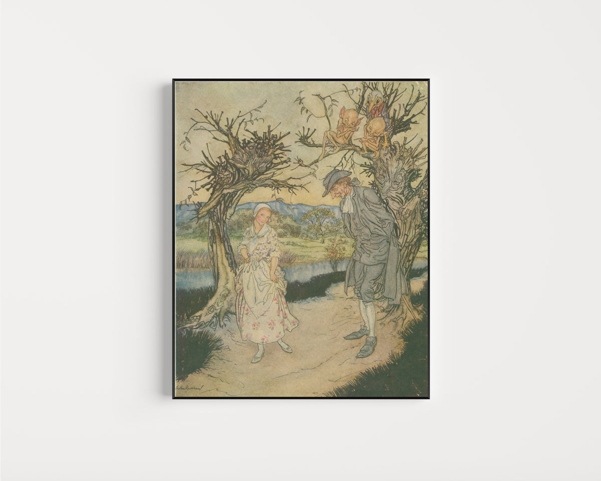 Framed art print of Sauntering Along in the Twilight by Arthur Rackham, in a slim black frame on a plain white wall