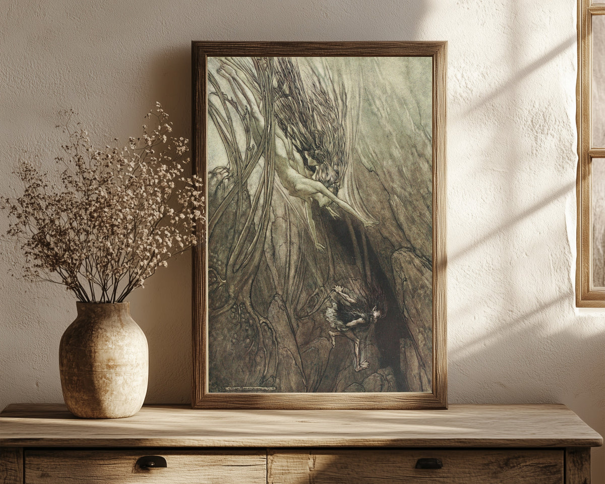 Framed art print of Seize the Despoiler! Rescue the Gold! by Arthur Rackham, in a dark wood frame leaning on a rustic console beside dried flowers