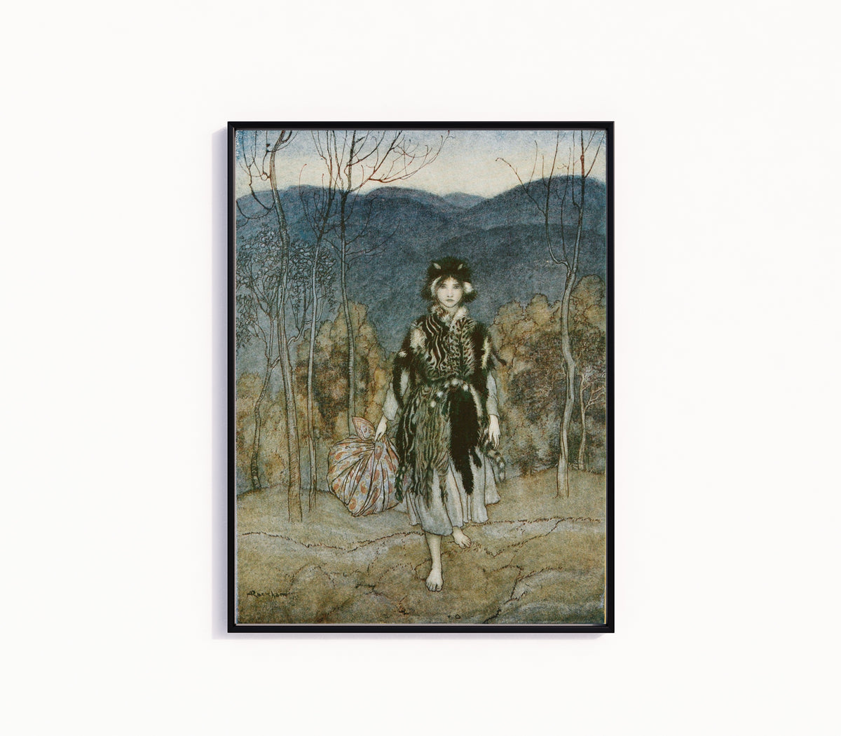 Framed art print of She Went Along, and Went Along, and Went Along by Arthur Rackham, in a slim black frame on a plain white wall