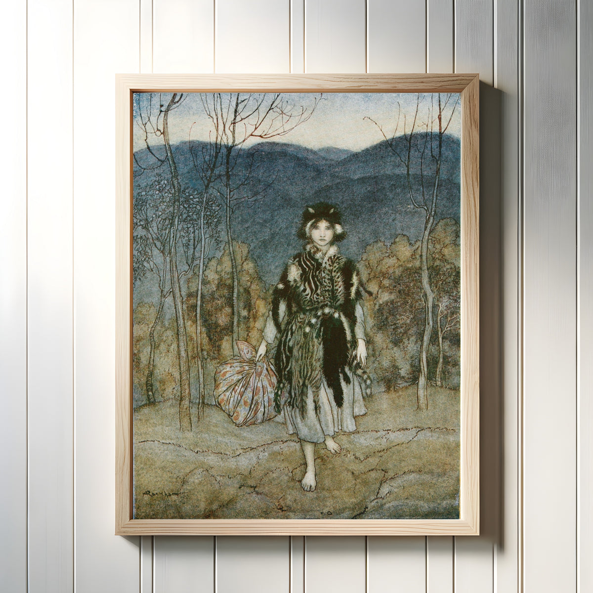 Framed art print of She Went Along, and Went Along, and Went Along by Arthur Rackham, in a light wood frame on a white panelled wall