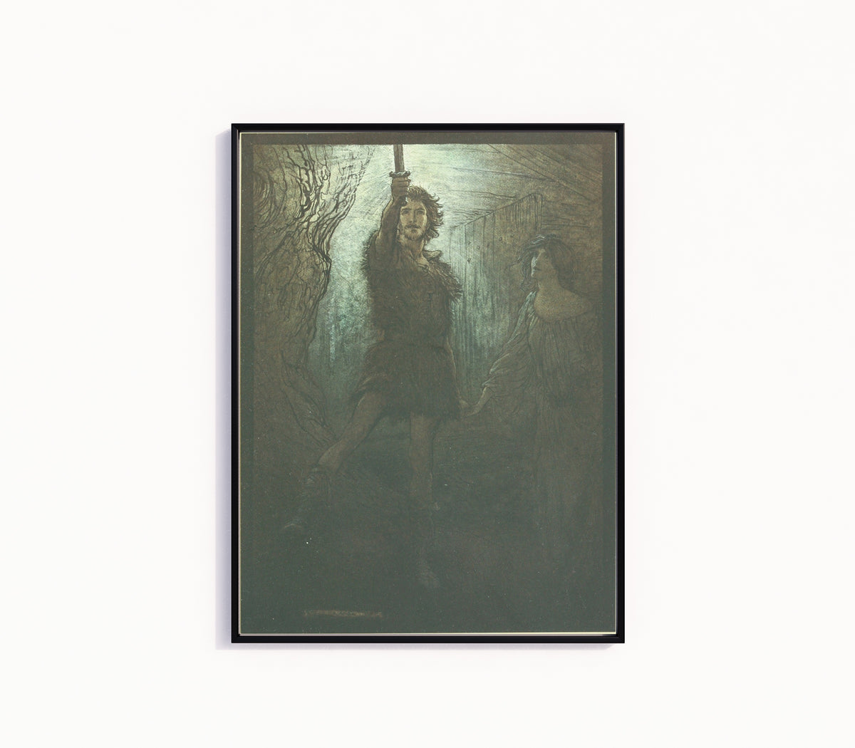 Framed art print of Siegmund the Wälsung Thou Dost See! As Bride-Gift He Brings Thee This Sword by Arthur Rackham, in a slim black frame on a plain white wall