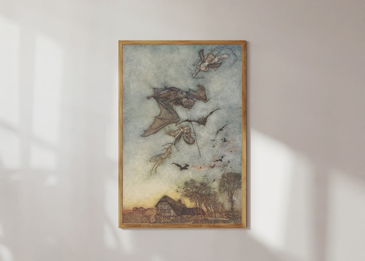 Framed art print of Some War with Rere-Mice for Their Leathern Wings by Arthur Rackham, in a light wood frame on a sunlit white wall