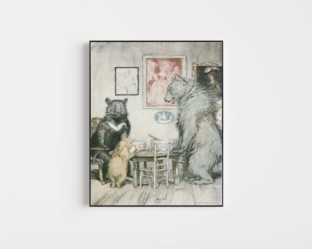 Framed art print of Somebody Has Been at My Porridge, and Has Eaten It All Up! by Arthur Rackham, in a slim black frame on a plain white wall