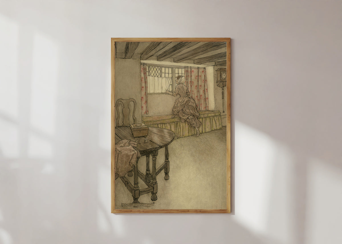 Framed art print of Strange Faces at the Windows by Arthur Rackham, in a light wood frame on a sunlit white wall