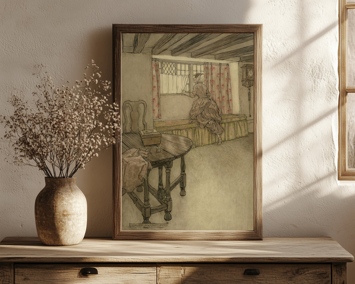 Framed art print of Strange Faces at the Windows by Arthur Rackham, in a dark wood frame leaning on a rustic console beside dried flowers