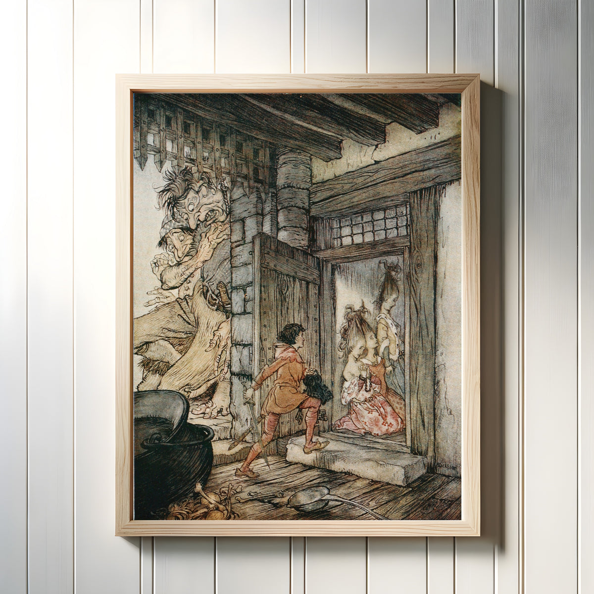 Framed art print of Taking the Keys of the Castle, Jack Unlocked All the Doors by Arthur Rackham, in a light wood frame on a white panelled wall