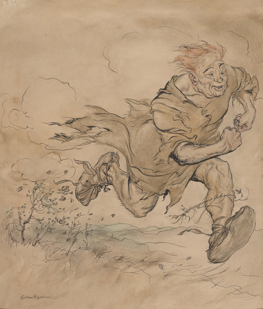 Arthur Rackham — The Carl of the Drab Coat | Fairy Tale Illustration Print shown to scale on a wall above a sofa