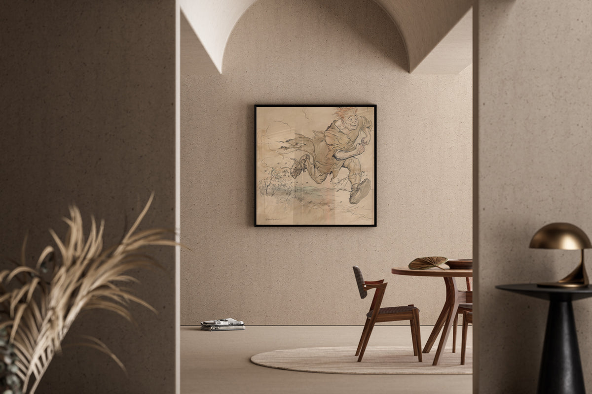 Framed art print of The Carl of the Drab Coat by Arthur Rackham, in a sunlit dining corner