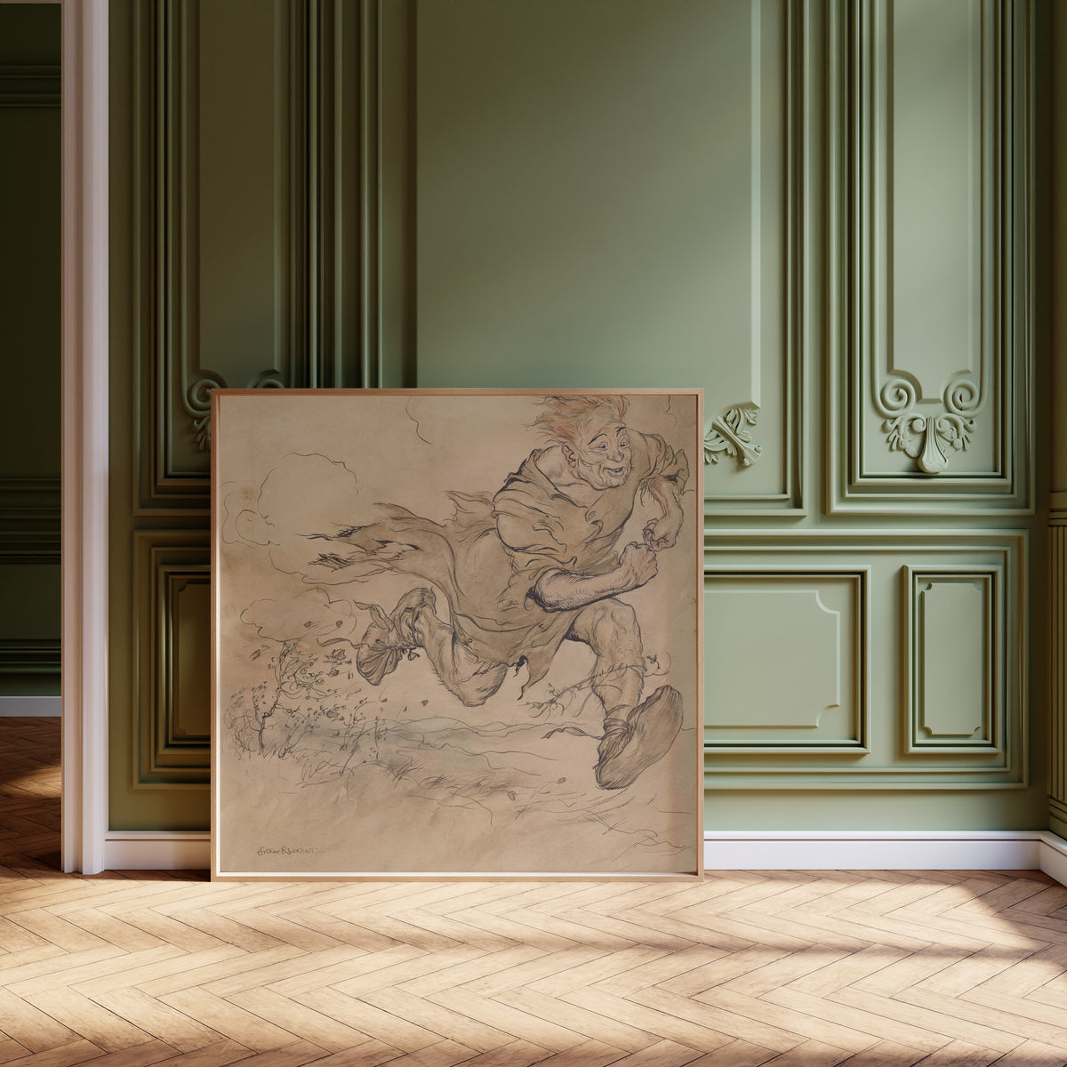 Framed art print of The Carl of the Drab Coat by Arthur Rackham, leaning against olive-green panelling on a herringbone floor