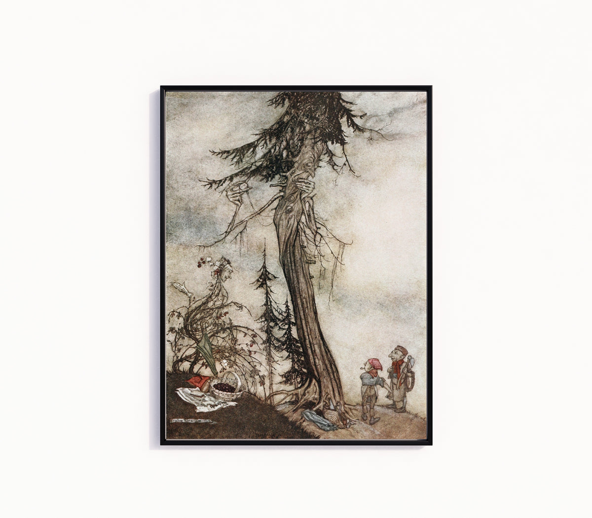 Framed art print of The Fir-Tree and the Bramble by Arthur Rackham, in a slim black frame on a plain white wall