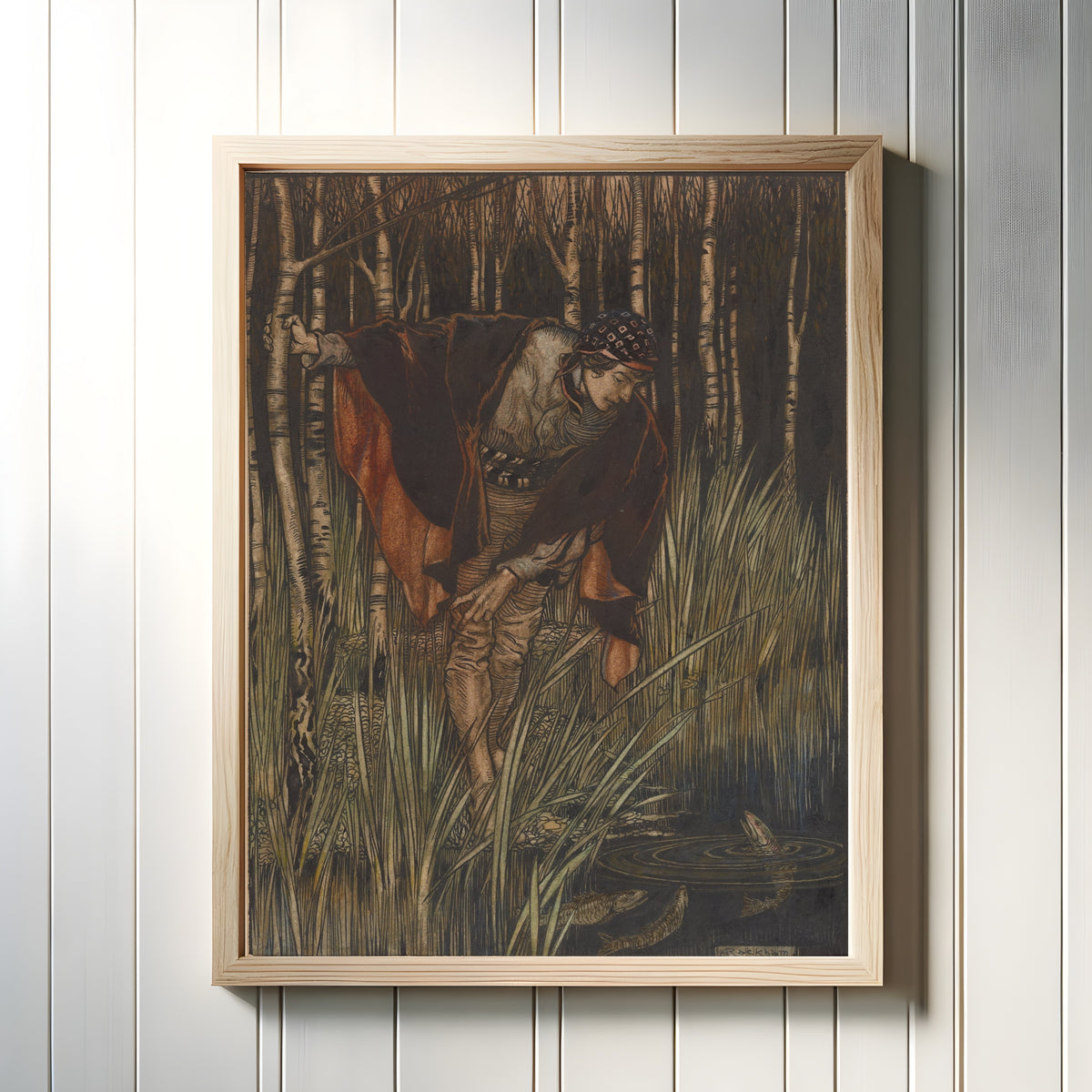 Framed art print of The Fishes, in Their Joy, Stretched Up Their Heads by Arthur Rackham, in a light wood frame on a white panelled wall