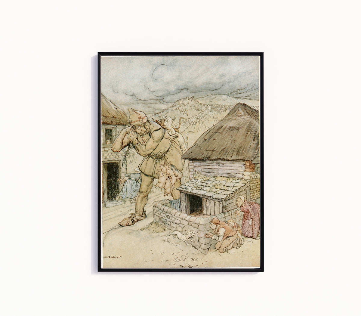 Framed art print of The Giant Cormoran Was the Terror of All the Country-Side by Arthur Rackham, in a slim black frame on a plain white wall