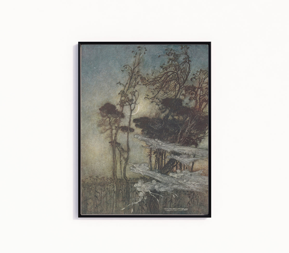 Framed art print of The Moon, Like to a Silver Bow New-Bent in Heaven by Arthur Rackham, in a slim black frame on a plain white wall
