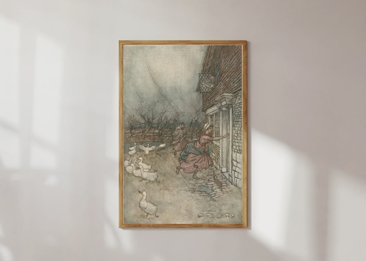 Framed art print of The Rain Always Made a Point of Setting In by Arthur Rackham, in a light wood frame on a sunlit white wall