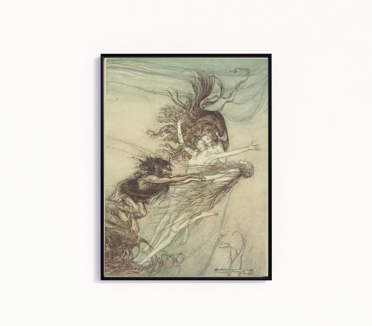 Framed art print of The Rhine-Maidens Teasing Alberich by Arthur Rackham, in a slim black frame on a plain white wall