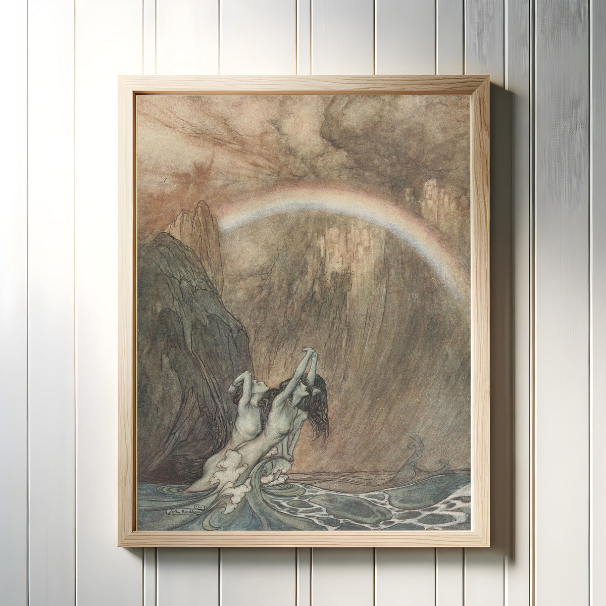 Framed art print of The Rhine's Fair Children, Bewailing Their Lost Gold, Weep by Arthur Rackham, in a light wood frame on a white panelled wall