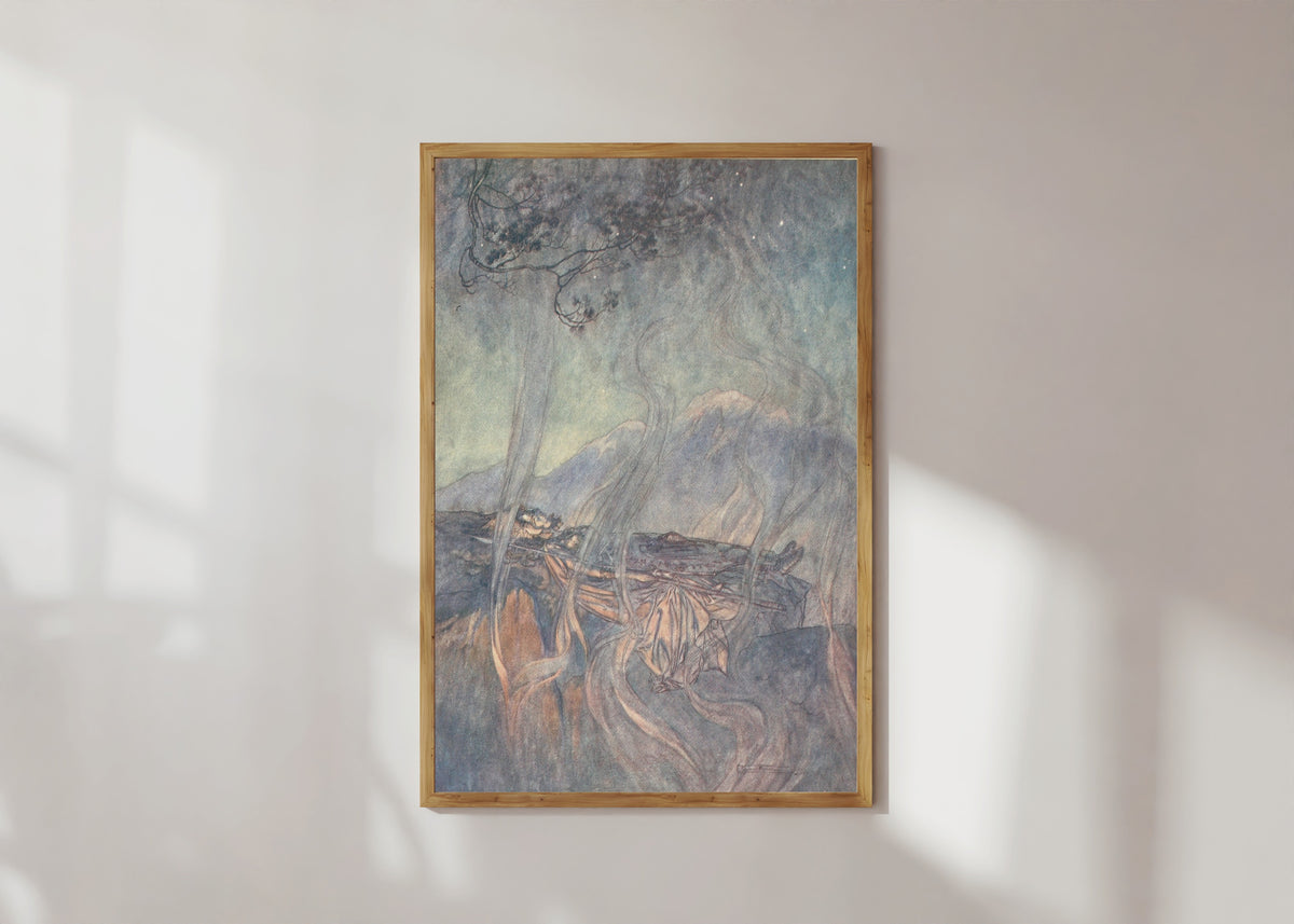 Framed art print of The Sleep of Brünnhilde by Arthur Rackham, in a light wood frame on a sunlit white wall