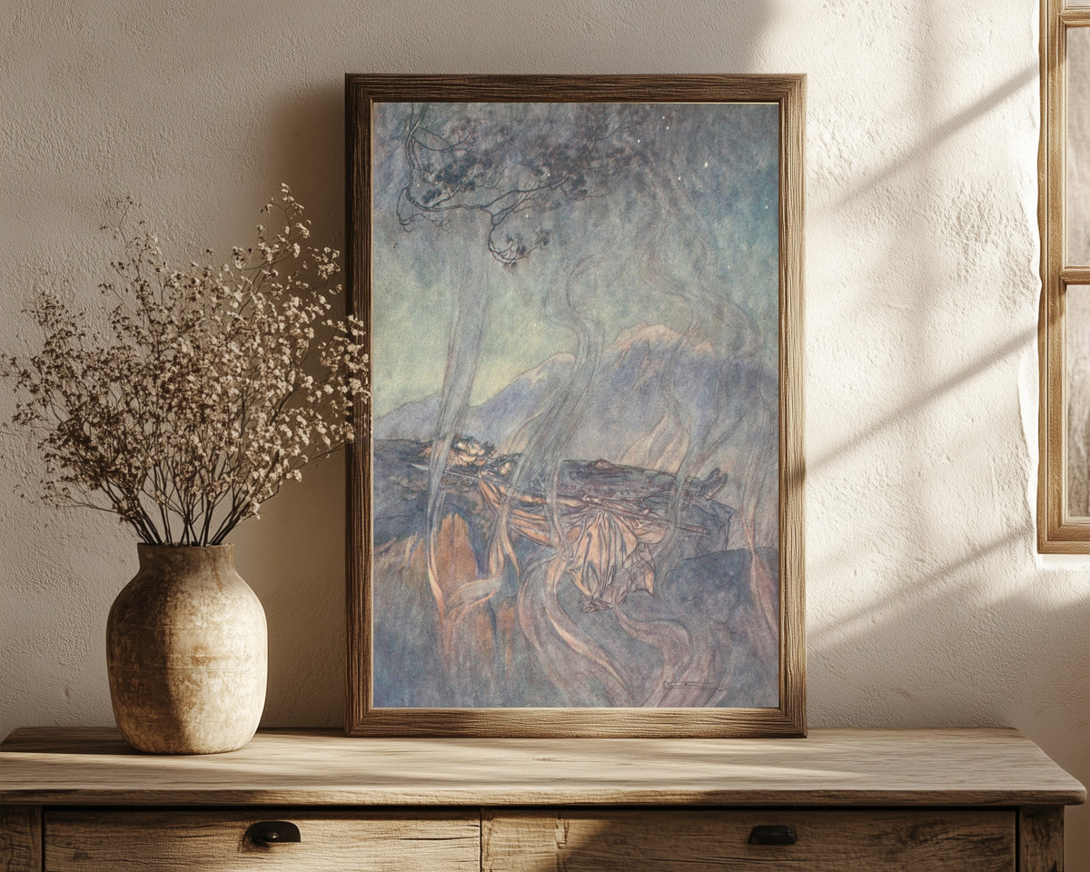 Framed art print of The Sleep of Brünnhilde by Arthur Rackham, in a dark wood frame leaning on a rustic console beside dried flowers