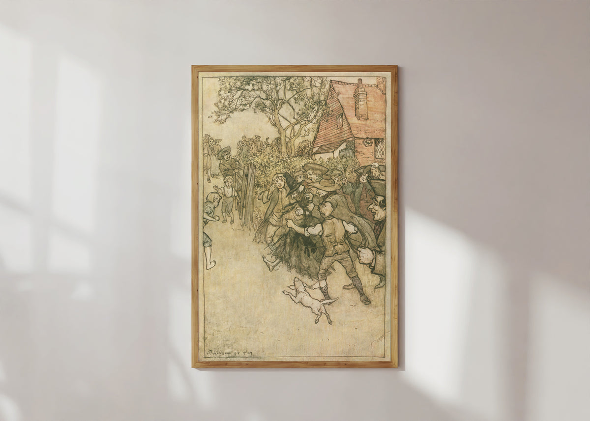 Framed art print of The Spectre of Tappington by Arthur Rackham, in a light wood frame on a sunlit white wall