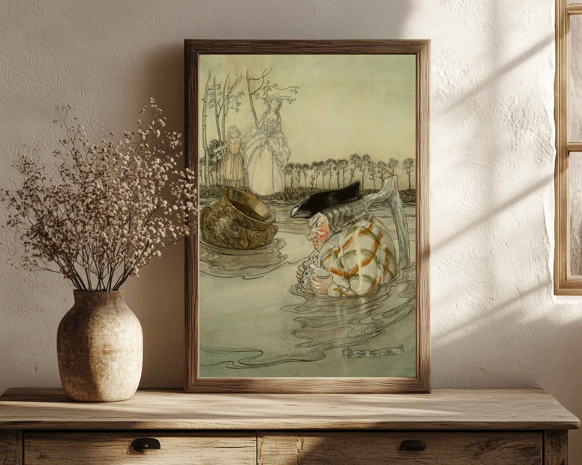 Framed art print of The Two Pots by Arthur Rackham, in a dark wood frame leaning on a rustic console beside dried flowers