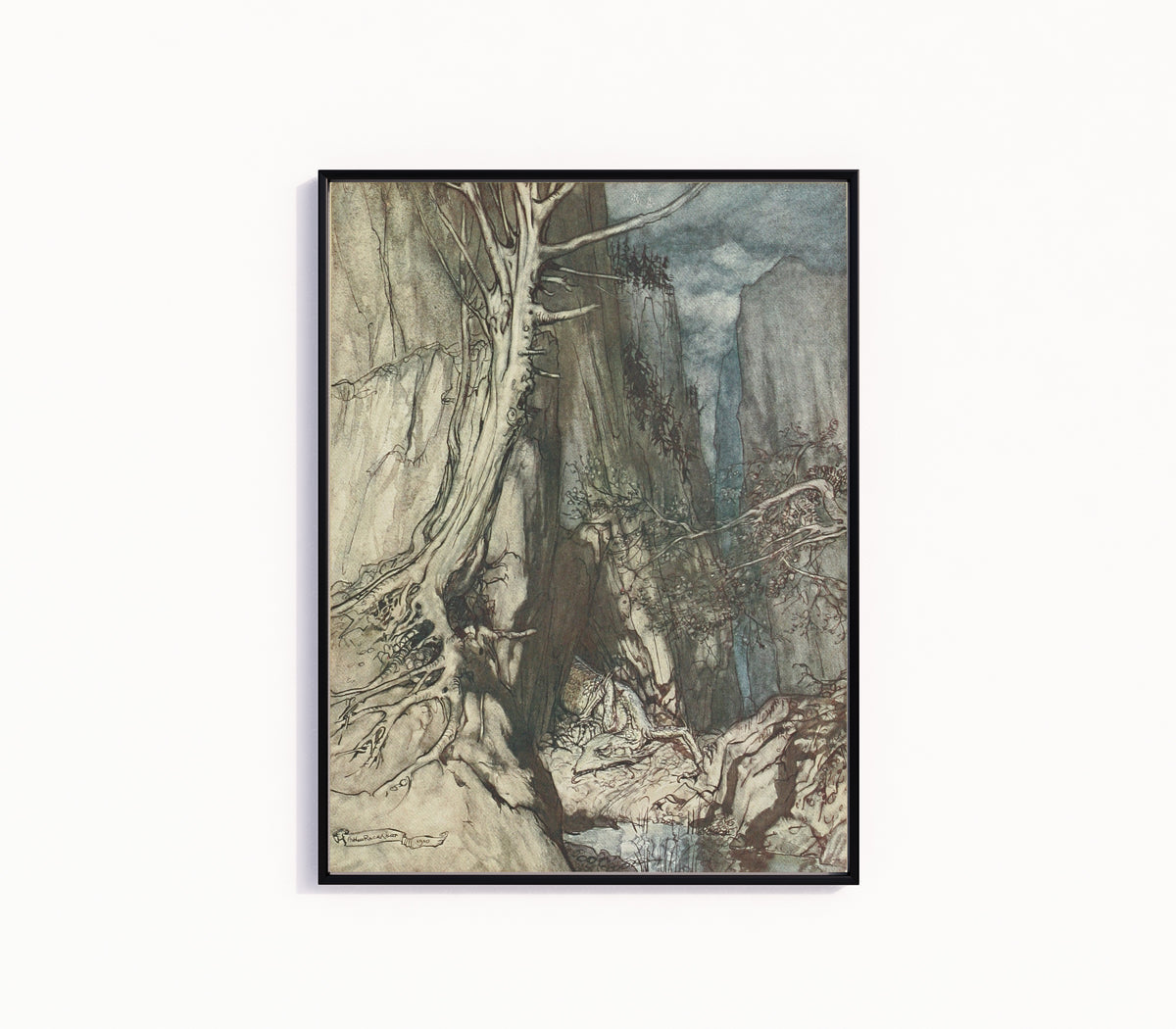 Framed art print of There as a Dread Dragon He Sojourns by Arthur Rackham, in a slim black frame on a plain white wall