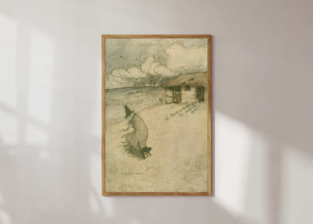 Framed art print of There’s an Old Woman Dwells upon Tappington Moor by Arthur Rackham, in a light wood frame on a sunlit white wall