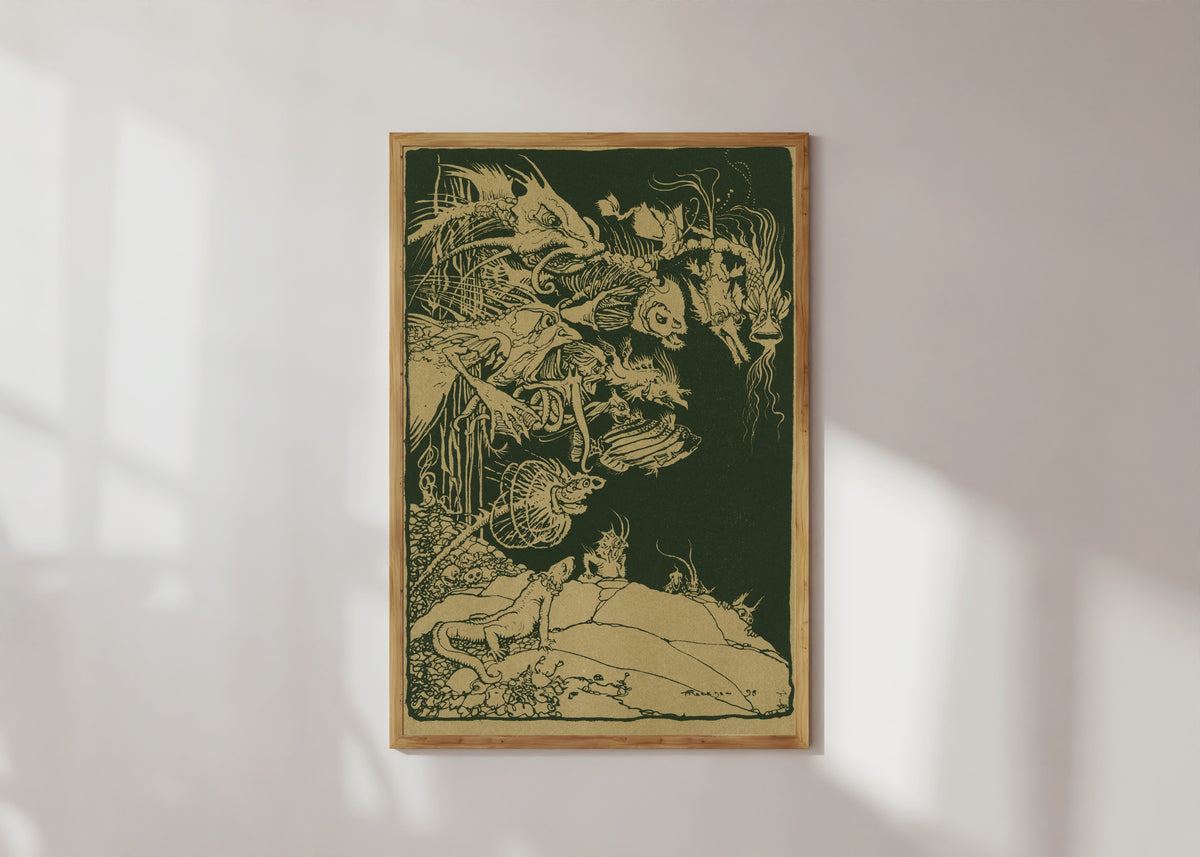 Framed art print of They’d Such Very Odd Heads and Such Very Odd Tails by Arthur Rackham, in a light wood frame on a sunlit white wall