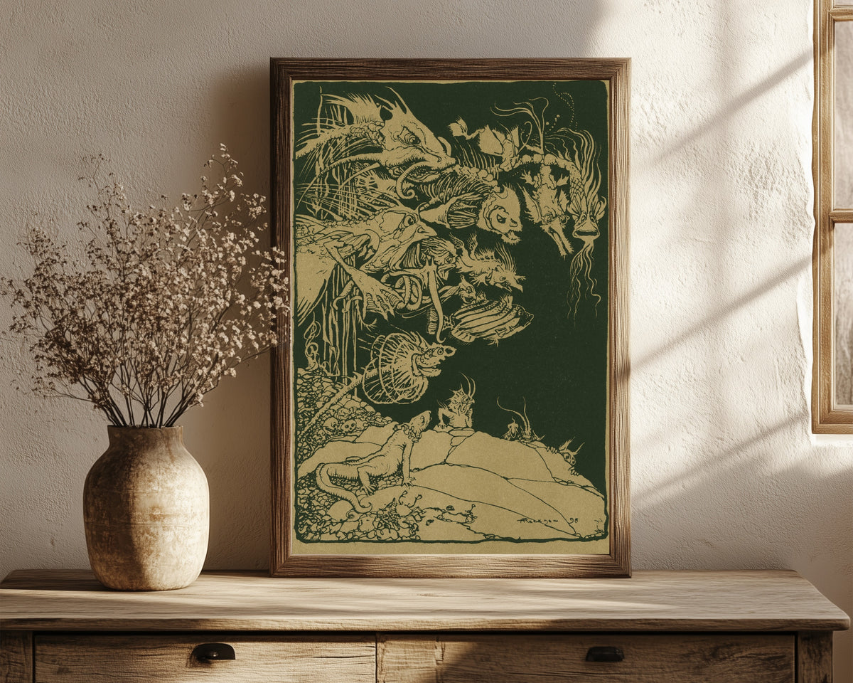Framed art print of They’d Such Very Odd Heads and Such Very Odd Tails by Arthur Rackham, in a dark wood frame leaning on a rustic console beside dried flowers